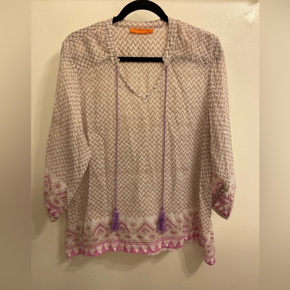 Oliphant Chevron V Neck Quarter Sleeve Tassel Blouse Gray & Purple Size Large